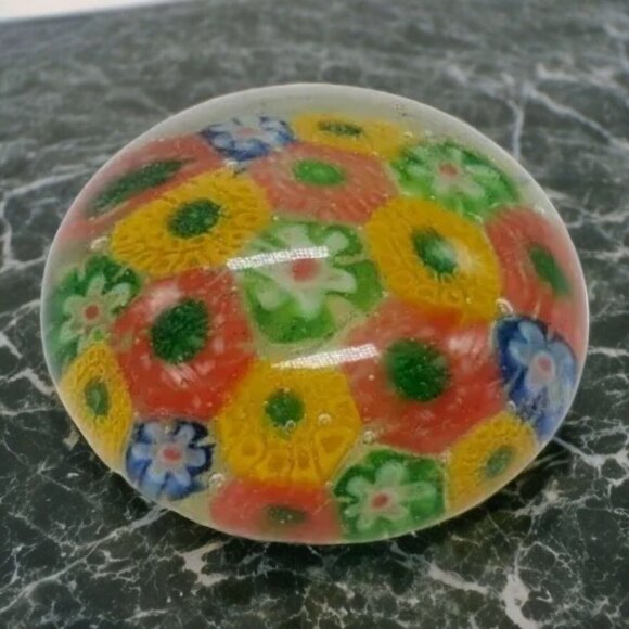 Other - Vintage Art Glass Millefiore Paperwight Retro Flower Orange Yellow Green Blue 2"